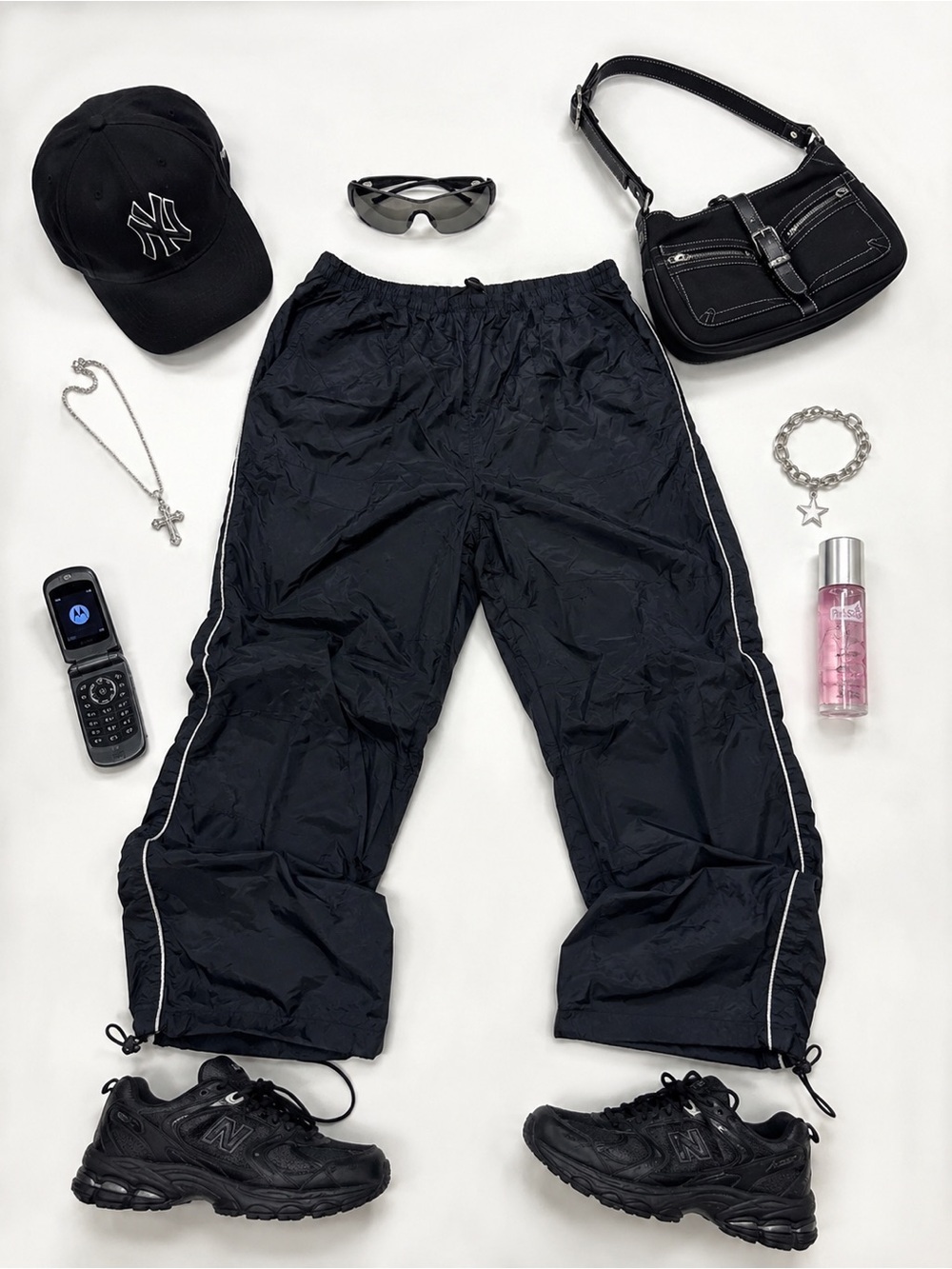 Y2K Black Nylon Parachute Track Pants Windbreaker Side Stripe Baggy Streetwear